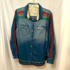 Tasha Polizzi Womens Cotton Denim Shirt with Multicolor Embroidery Size Large
